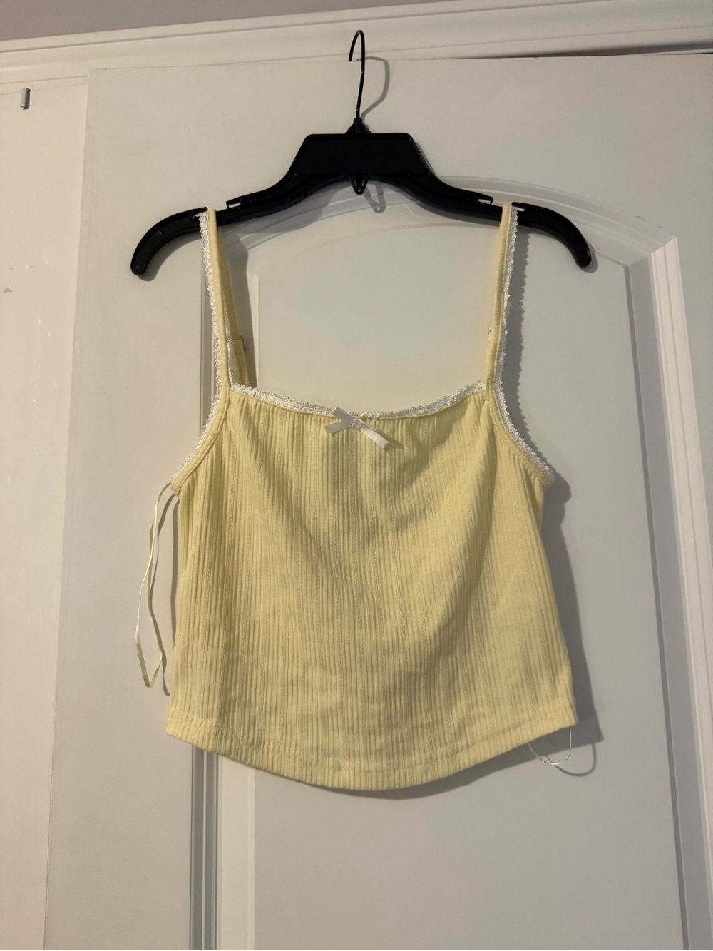 Soft Yellow Ribbed Lace-Trim Tank Top